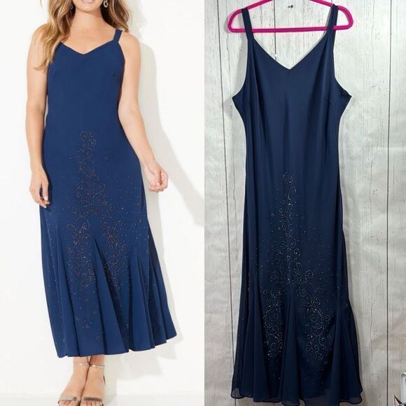 Catherines Womens Plus Masquerade Beaded Sleeveless V Neck Navy Blue Maxi Dress - Picture 1 of 15